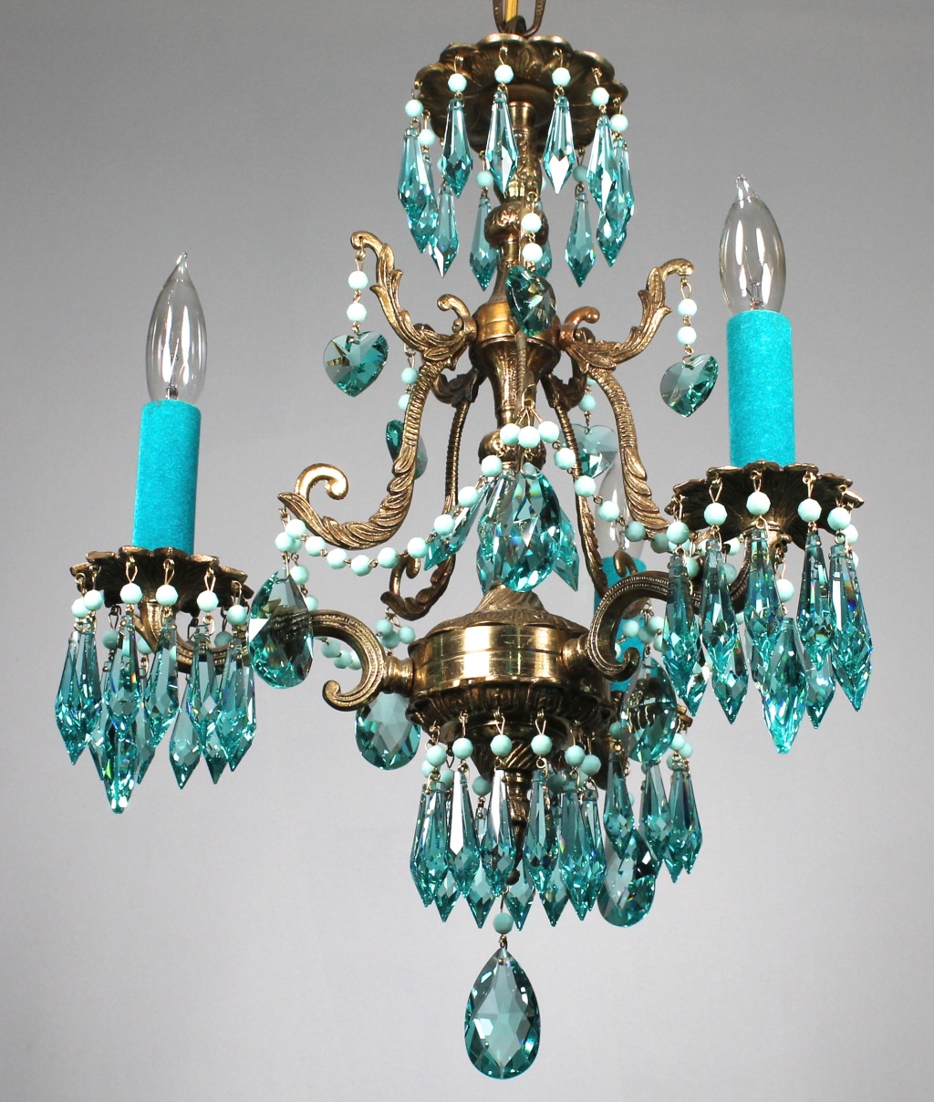 One of a kind turquoice crystal chandelier by karen curtis